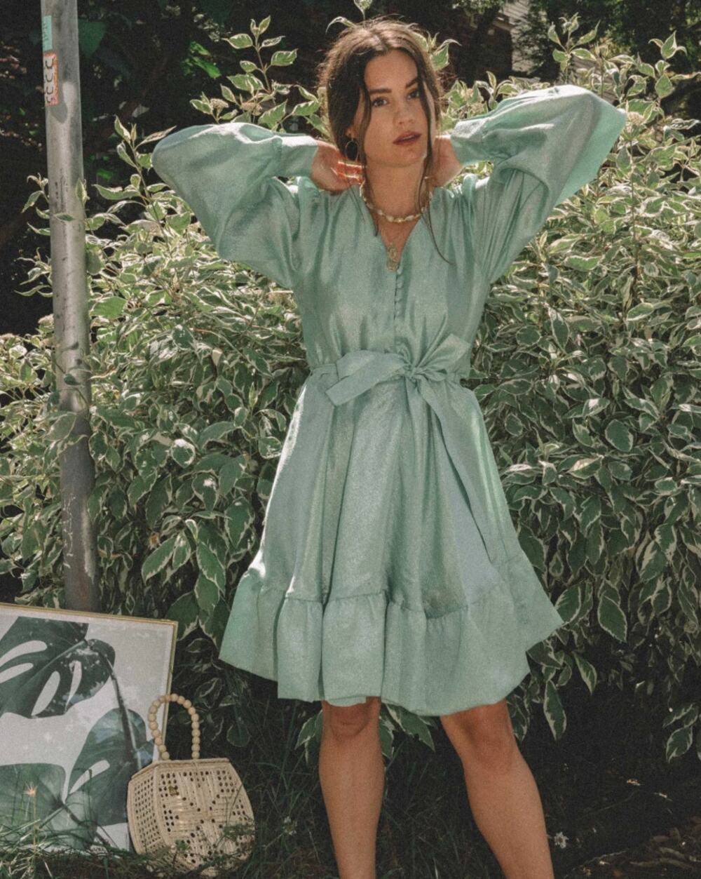 Stine Goya Farrow Crepe Blouson Sleeve Dress Jade Green Large